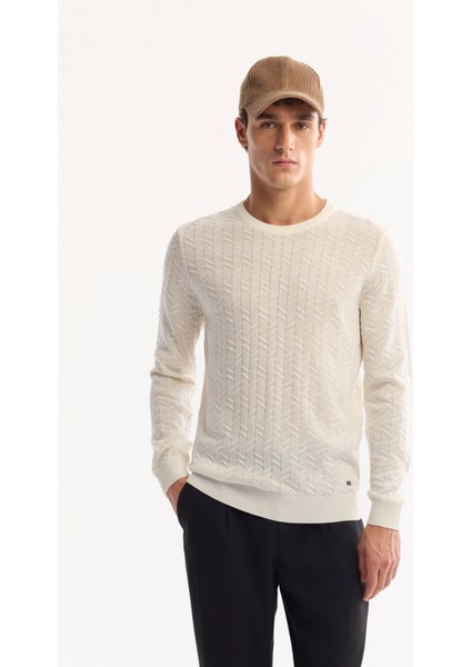 Erkek Ekru Bisiklet Yaka %100 Akrilik Dokulu Triko Regular Fit Kazak E005088