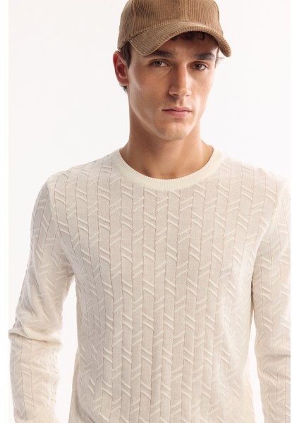 Erkek Ekru Bisiklet Yaka %100 Akrilik Dokulu Triko Regular Fit Kazak E005088 indirimleri