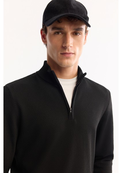 Erkek Siyah Dik Yaka Fermuarlı Dokulu Triko Regular Fit Kazak A52Y5150 fiyatları