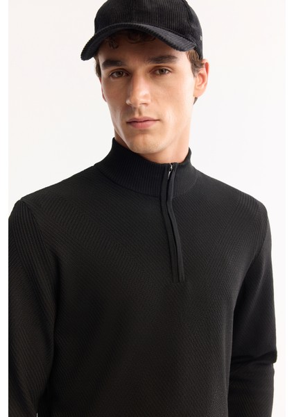 Erkek Siyah Dik Yaka Fermuarlı Dokulu Triko Regular Fit Kazak A52Y5150 indirimleri