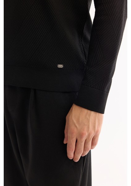 Erkek Siyah Dik Yaka Fermuarlı Dokulu Triko Regular Fit Kazak A52Y5150