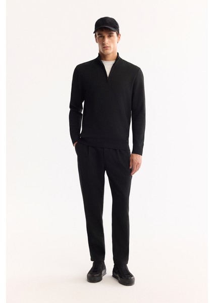 Erkek Siyah Dik Yaka Fermuarlı Dokulu Triko Regular Fit Kazak A52Y5150
