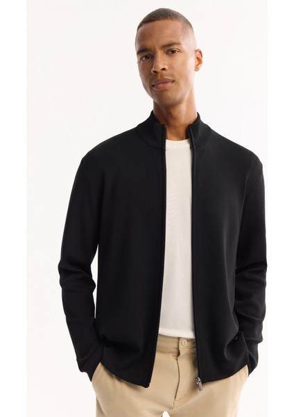 Erkek Siyah Dik Yaka Fermuarlı Rayon Tüylenmeyen Regular Fit Hırka A52Y5013