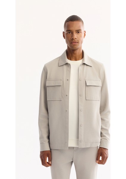 Erkek Açık Gri Klasik Yaka Pamuklu Comfort Fit Gömlek Ceket A52Y2092