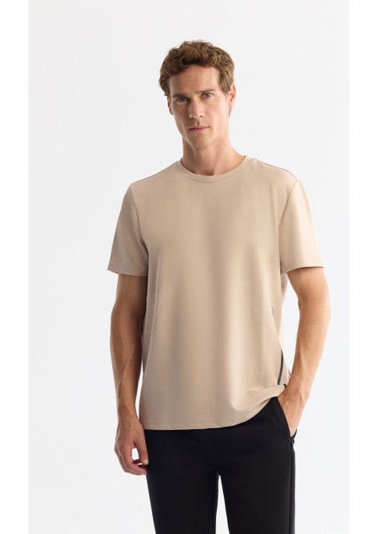 Erkek Bej Bisiklet Yaka Baskılı Elastan Regular Fit T-Shirt A42Y1017