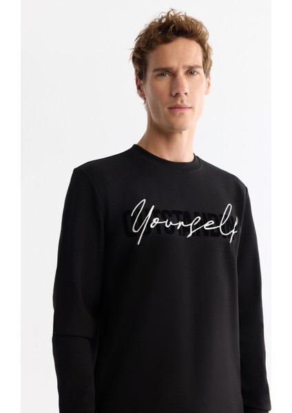 Erkek Siyah Bisiklet Yaka Pamuklu Baskılı Elastan Regular Fit Sweatshirt A42Y1258 fiyatları