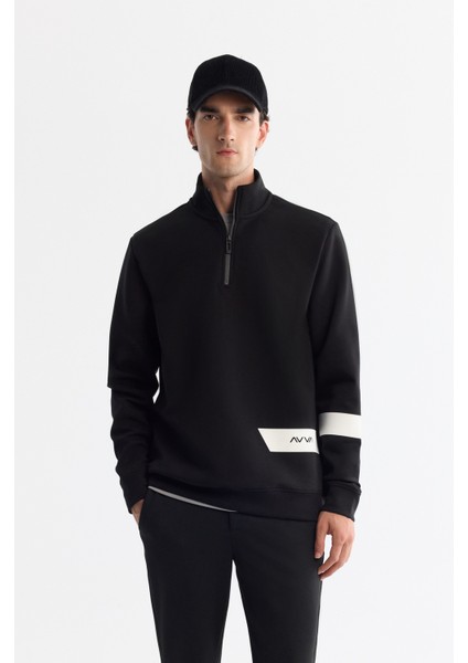 Erkek Siyah Dik Yaka Pamuklu Baskılı Elastan Regular Fit Sweatshirt A42Y1202