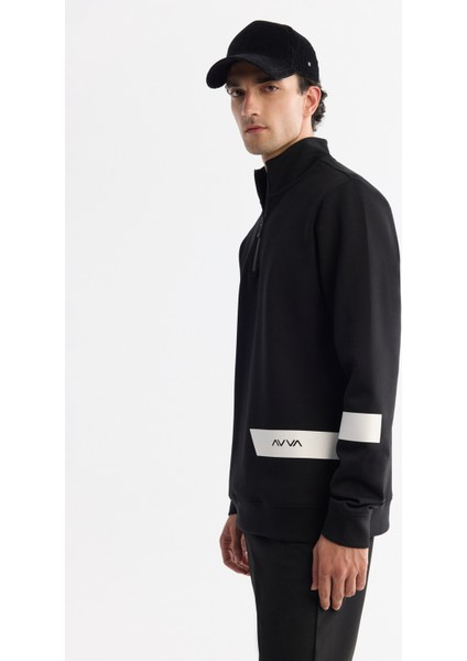 Erkek Siyah Dik Yaka Pamuklu Baskılı Elastan Regular Fit Sweatshirt A42Y1202