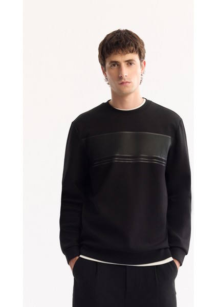 Erkek Siyah Bisiklet Yaka Pamuklu Bi-Stretch Baskılı Regular Fit Sweatshirt A52Y1215