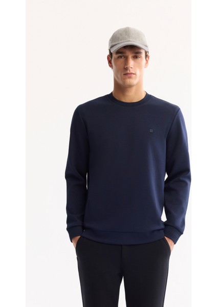 Erkek Lacivert Bisiklet Yaka Pamuklu Bi-Stretch Regular Fit Sweatshirt A52Y1271