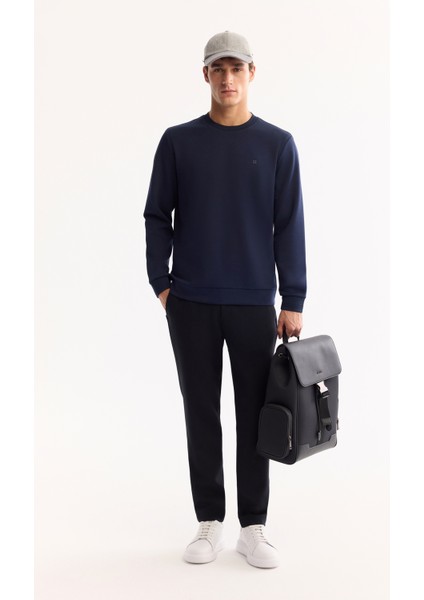 Erkek Lacivert Bisiklet Yaka Pamuklu Bi-Stretch Regular Fit Sweatshirt A52Y1271