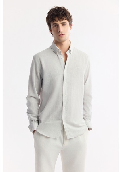 Erkek Açık Gri Düğmeli Yaka Kolay Ütülenir Pamuklu Regular Fit Gömlek A51Y2130