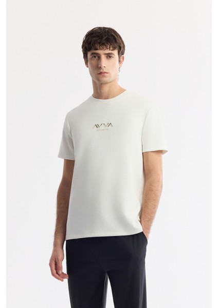 Erkek Ekru Bisiklet Yaka Baskılı Bi-Stretch İnterlok Regular Fit T-Shirt A51Y1006