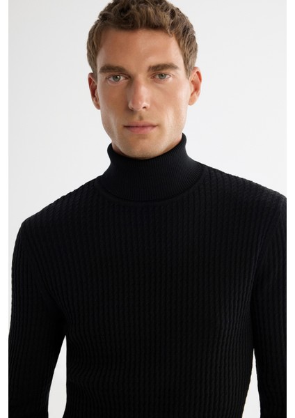Erkek Siyah Tam Balıkçı Yaka Yün Karışımlı Jakarlı Triko Regular Fit Kazak A42Y5074 fiyatları