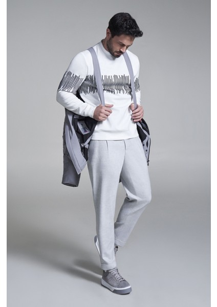 Erkek Beyaz İnterlok Kumaş Bisiklet Yaka Baskılı Sweatshirt A32Y1312