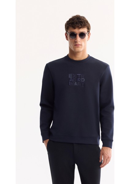Erkek Lacivert Bisiklet Yaka Pamuklu Bi-Stretch Baskılı Regular Fit Sweatshirt A52Y1247