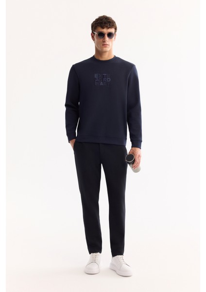 Erkek Lacivert Bisiklet Yaka Pamuklu Bi-Stretch Baskılı Regular Fit Sweatshirt A52Y1247