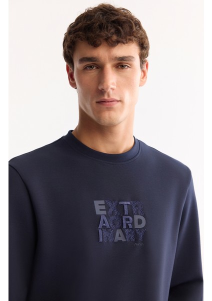 Erkek Lacivert Bisiklet Yaka Pamuklu Bi-Stretch Baskılı Regular Fit Sweatshirt A52Y1247