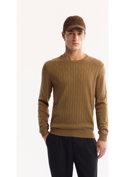 Erkek Kamel Bisiklet Yaka %100 Akrilik Dokulu Triko Regular Fit Kazak E005088