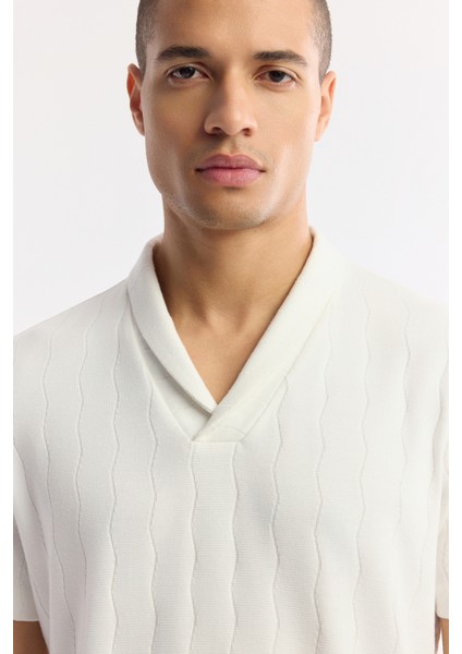 Erkek Ekru Şal Yaka Viskon Karışımlı Jakarlı Regular Fit T-Shirt A51Y1071 fiyatları