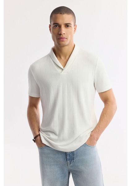 Erkek Ekru Şal Yaka Viskon Karışımlı Jakarlı Regular Fit T-Shirt A51Y1071