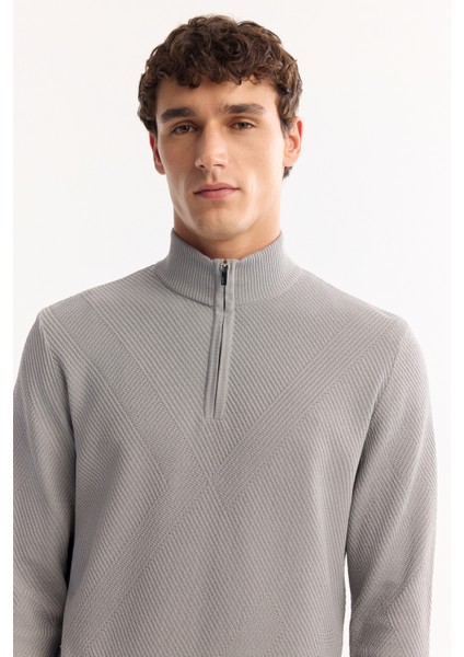 Erkek Gri Dik Yaka Fermuarlı Dokulu Triko Regular Fit Kazak A52Y5150 fiyatları