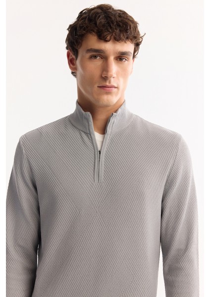 Erkek Gri Dik Yaka Fermuarlı Dokulu Triko Regular Fit Kazak A52Y5150 indirimleri