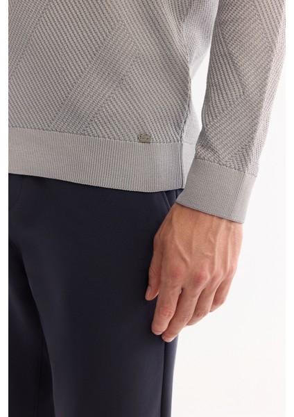 Erkek Gri Dik Yaka Fermuarlı Dokulu Triko Regular Fit Kazak A52Y5150