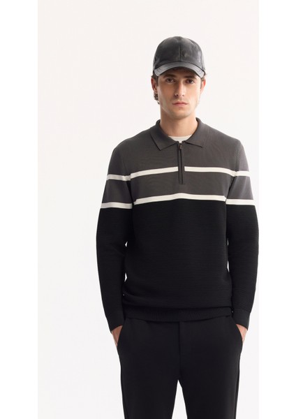 Erkek Antrasit Polo Yaka Fermuarlı Çizgili Triko Regular Fit Kazak A52Y5091