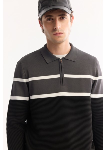 Erkek Antrasit Polo Yaka Fermuarlı Çizgili Triko Regular Fit Kazak A52Y5091 fiyatları