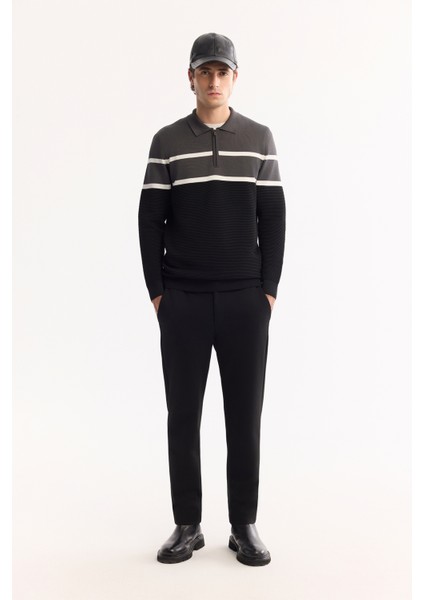 Erkek Antrasit Polo Yaka Fermuarlı Çizgili Triko Regular Fit Kazak A52Y5091 indirimleri