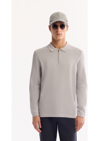 Erkek Gri Polo Yaka Fermuarlı Rayon Tüylenmeyen Basic Triko Regular Fit Kazak B005150