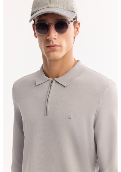 Erkek Gri Polo Yaka Fermuarlı Rayon Tüylenmeyen Basic Triko Regular Fit Kazak B005150
