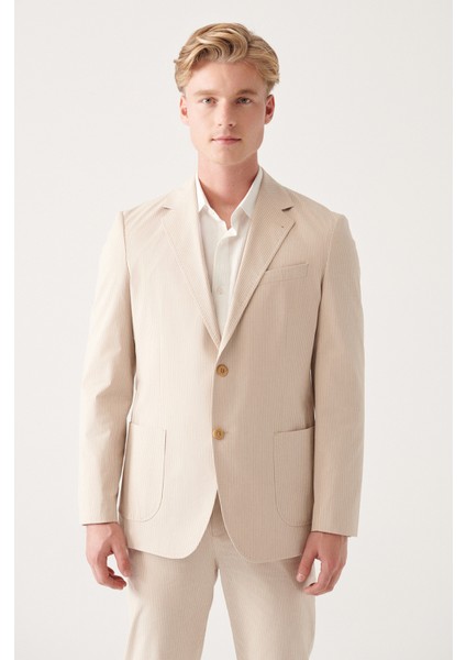 Erkek Bej Astarsız Pamuk Karışımlı Çift Yırtmaç Ceket A31Y4006