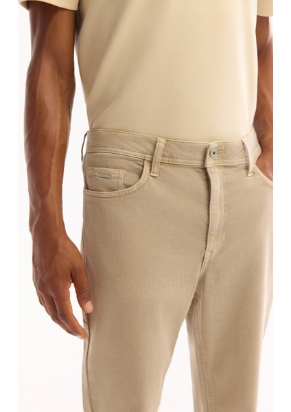 Erkek Bej Klasik Bel Pamuklu Parça Boya Yıkamalı Roma Crop Slim Fit Jean Pantolon A52Y3552