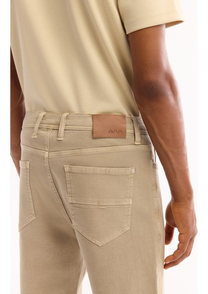 Erkek Bej Klasik Bel Pamuklu Parça Boya Yıkamalı Roma Crop Slim Fit Jean Pantolon A52Y3552