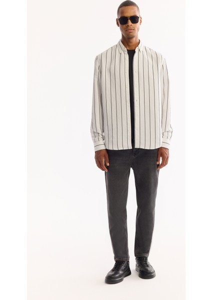 Erkek Beyaz Düğmeli Yaka Soft Touch Çizgili Comfort Fit Gömlek A52Y2101