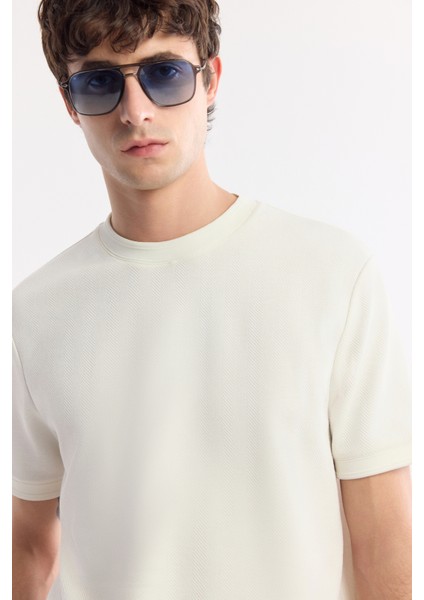 Erkek Ekru Bisiklet Yaka Pamuklu Jakarlı Elastan Regular Fit T-Shirt A51Y1012 fiyatları