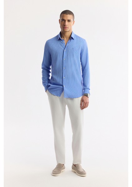 Erkek Mavi Alttan Britli Yaka Çizgili Viskon Karışımlı Comfort Fit Gömlek A51Y2128 indirimleri