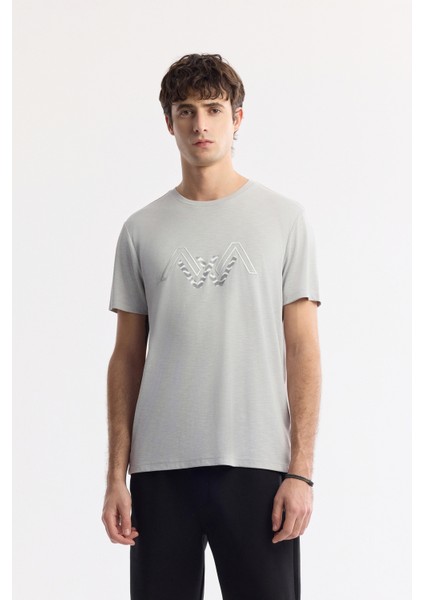 Erkek Açık Gri Bisiklet Yaka Baskılı Soft Touch Regular Fit T-Shirt A51Y1106