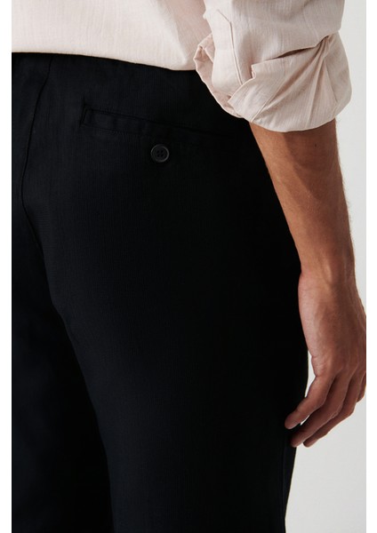 Erkek Siyah %100 Pamuk Yandan Cepli Beli Lastikli Keten Dokulu Relaxed Fit Şort E003603