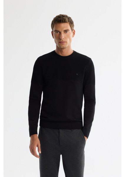 Erkek Siyah Bisiklet Çift Yaka Dokulu Pamuklu Triko Regular Fit Kazak A42Y5190