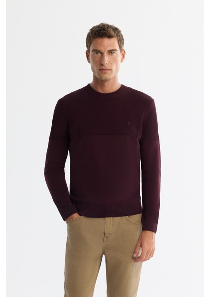 Erkek Bordo Bisiklet Çift Yaka Dokulu Pamuklu Triko Regular Fit Kazak A42Y5190