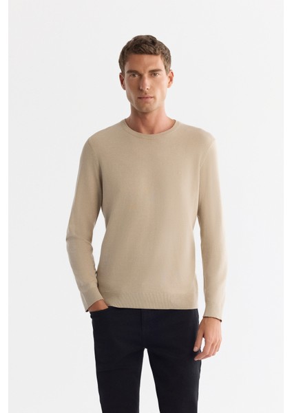 Erkek Bej Viskon Bisiklet Yaka Triko Regular Fit Kazak B005132