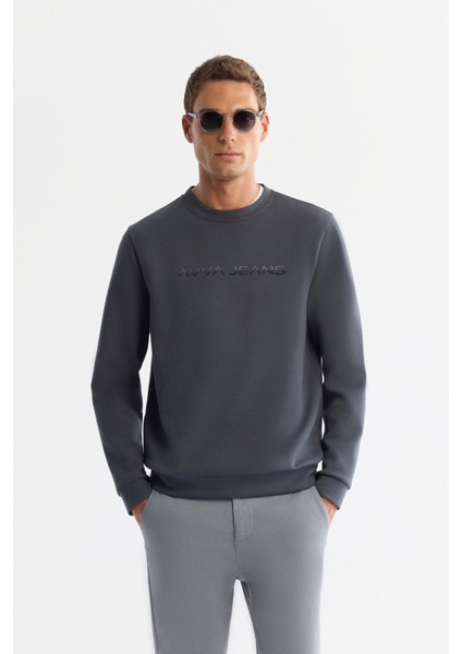 Erkek Antrasit Bisiklet Yaka Pamuklu Baskılı Elastan Regular Fit Sweatshirt A42Y1221