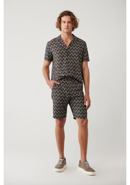 Erkek Siyah Beli Lastikli Desenli Viskon Karışımlı Etenna Relaxed Fit Şort A41Y3718