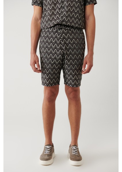 Erkek Siyah Beli Lastikli Desenli Viskon Karışımlı Etenna Relaxed Fit Şort A41Y3718 fiyatları