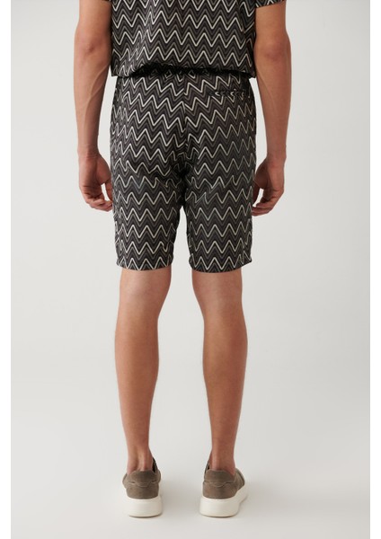 Erkek Siyah Beli Lastikli Desenli Viskon Karışımlı Etenna Relaxed Fit Şort A41Y3718 fırsatları