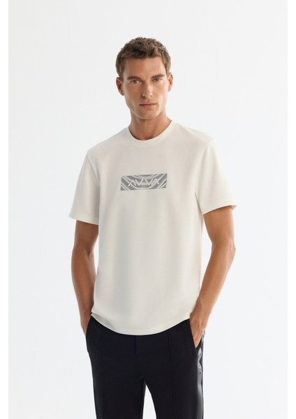 Erkek Ekru Bisiklet Yaka Baskılı Elastan Regular Fit T-Shirt A42Y1007