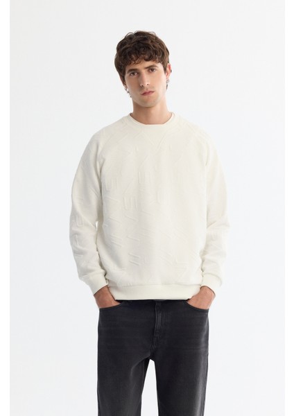Erkek Ekru Bisiklet Yaka Baskılı Elastan Regular Fit Sweatshirt A42Y1335